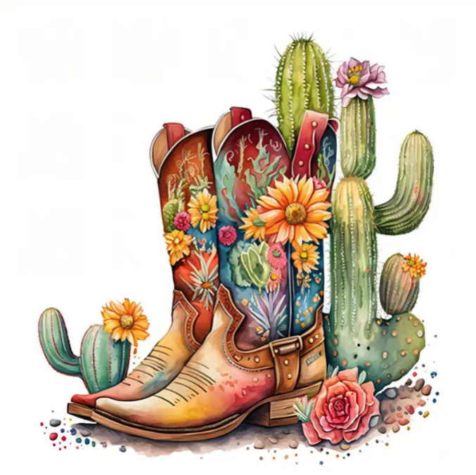 SMALL Cowboy boots and cactus