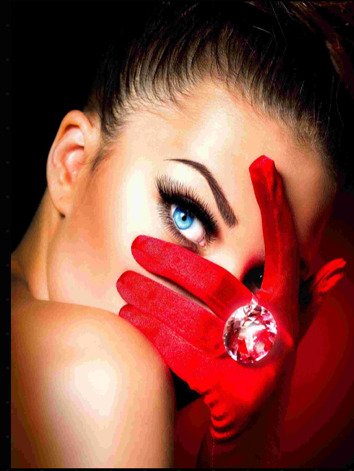 Lady with red glove on face right