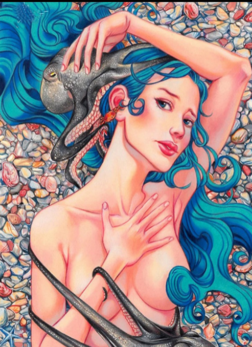 Mermaid with blue hair on shells