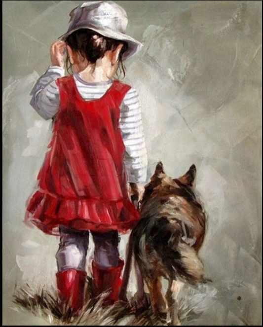 Girl in red with dog