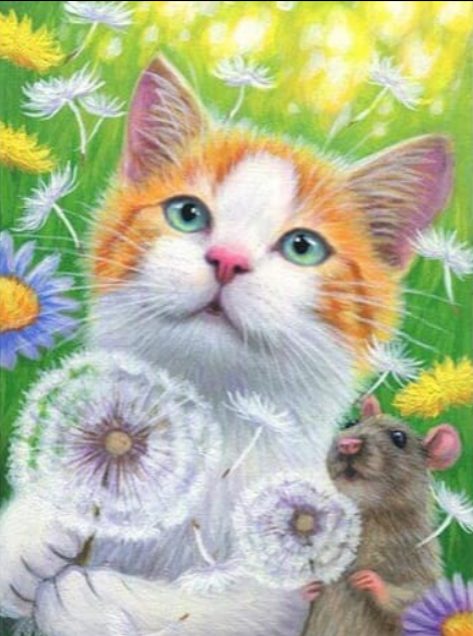 Cat with dandelions