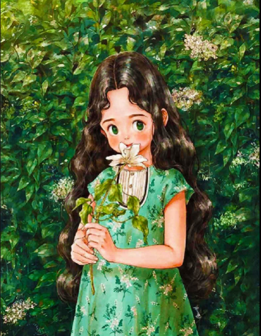 Girl in green dress smelling flowers