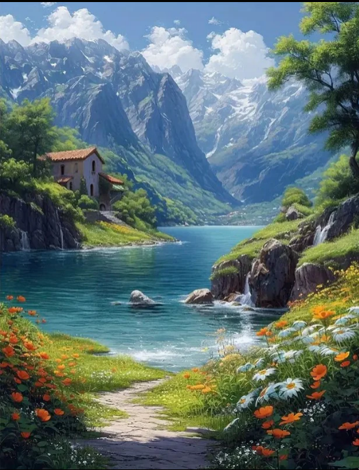 Green lake scenery with mountains