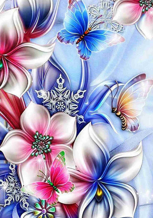 Blue and pink butterflies and flowers